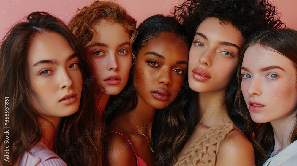 Obraz premium Portrait of many attractive female fashion models with great skincare of all races, tones and style. Diverse group of beautiful women with natural beauty and glowing smooth skin. 