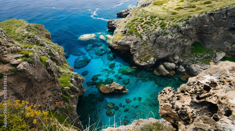 A view of the blue water and cliffs. A view of the blue water and cliffs.