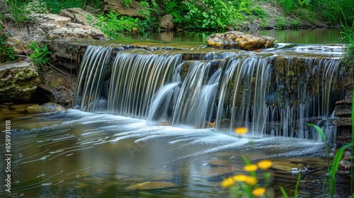 A summer pond with a gentle waterfall feeding into it, creating soothing sounds and a dynamic water flow amidst the tranquil surroundings.