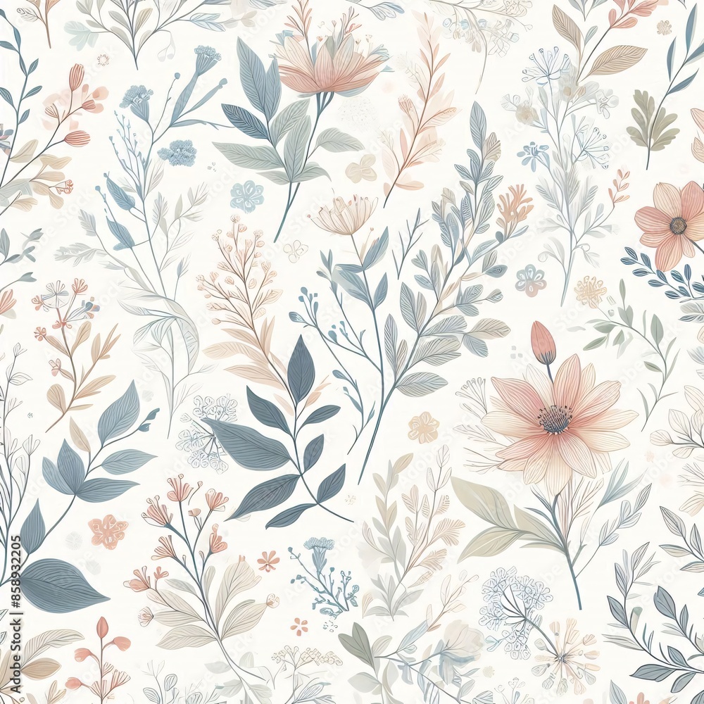 Hand-drawn Floral Seamless Pattern on White Background Hand-drawn Floral Seamless Pattern on White Background