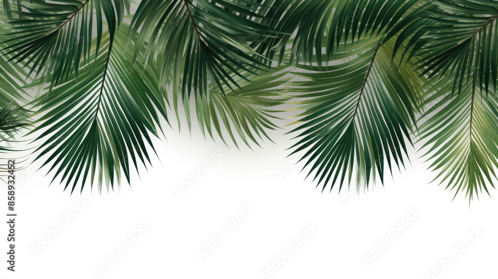 Naklejka premium Leaf minimal summer plant texture wallpaper banner panorama illustration - Tropical palm tree leaves isolated on white background, Generative AI