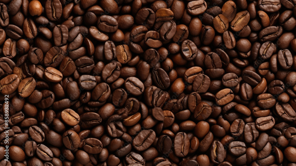 Creative coffee banner panorama wallpaper, seamless pattern texture - Top view of brown roasted coffee beans, top view, Generative AI Creative coffee banner panorama wallpaper, seamless pattern texture - Top view of brown roasted coffee beans, top view, Generative AI
