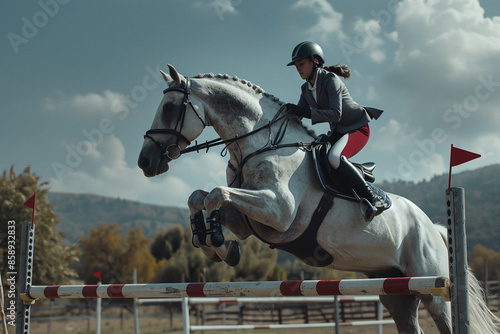 Side view of beautiful white and grey horse with a female jogger jumping over fence obstacle, training for a show jumping with horse