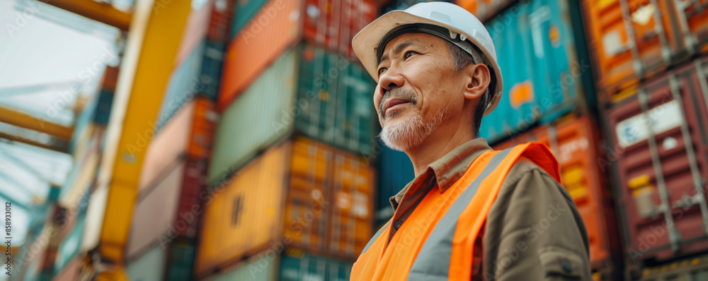 Chinese worker standing in front of stacked shipping containers. Container terminal - freight shipping background. International trade banner. Import export concept. Chinese worker standing in front of stacked shipping containers. Container terminal - freight shipping background. International trade banner. Import export concept.