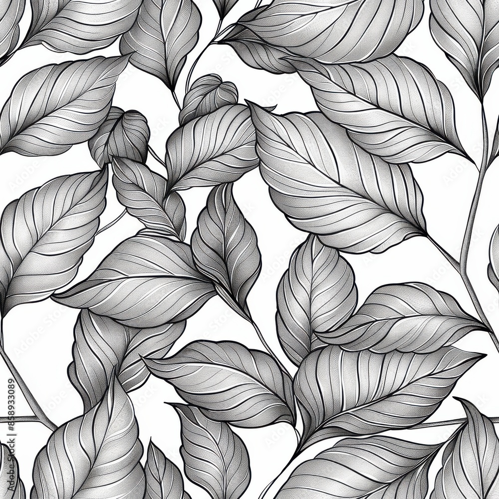 A black and white illustration of a detailed leaf pattern on a white background. The leaves are drawn with intricate detail and arranged in a repeating pattern. A black and white illustration of a detailed leaf pattern on a white background. The leaves are drawn with intricate detail and arranged in a repeating pattern.