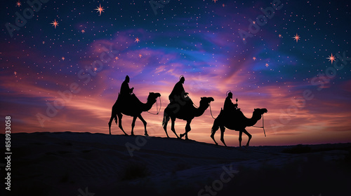 Silhouette of Three Wiseman Riding their Camels on the Desert Horizon. Christmas holiday concept, visit of baby Jesus, on the way to the city of Bethlehem	
