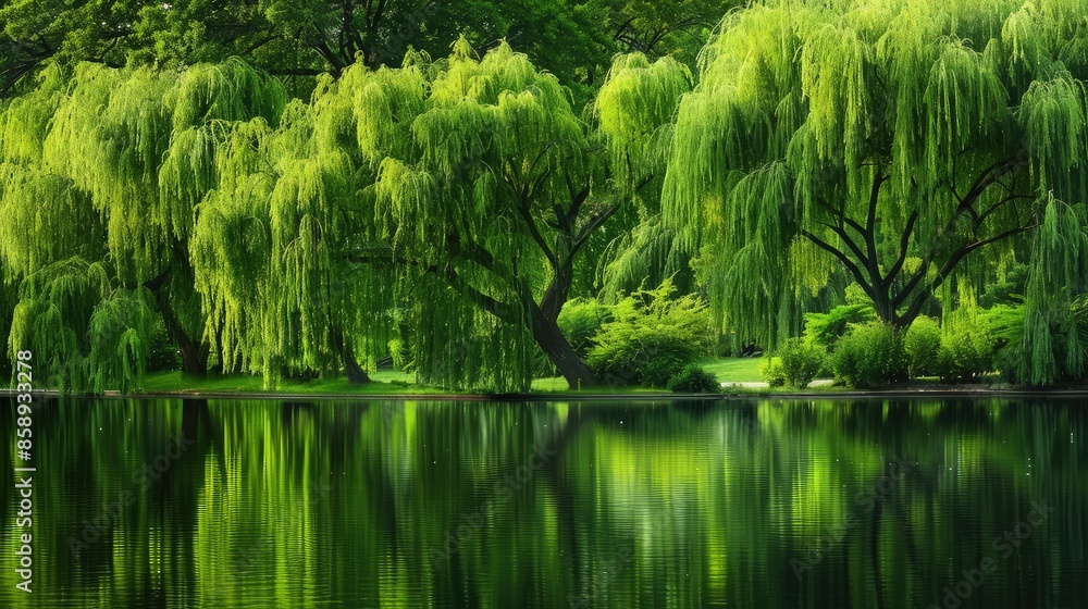 A tranquil lakeside adorned with lush green willow trees, their sweeping branches creating soft reflections in the peaceful water, symbolizing growth and renewal. A tranquil lakeside adorned with lush green willow trees, their sweeping branches creating soft reflections in the peaceful water, symbolizing growth and renewal.