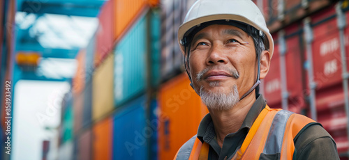 Chinese worker standing in front of stacked shipping containers. Container terminal - freight shipping background. International trade banner. Import export concept.