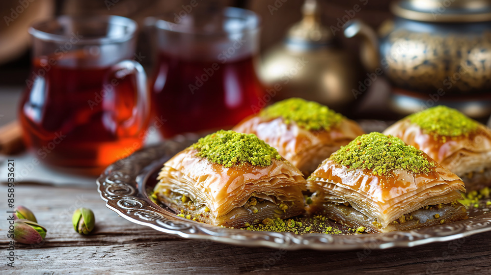 Close up of plate full of delicious sweet baklava with walnuts, served with Turkish tea and coffee Close up of plate full of delicious sweet baklava with walnuts, served with Turkish tea and coffee
