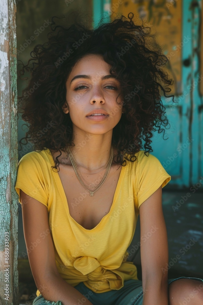 Fototapeta premium Woman in Yellow Shirt Posing Outside