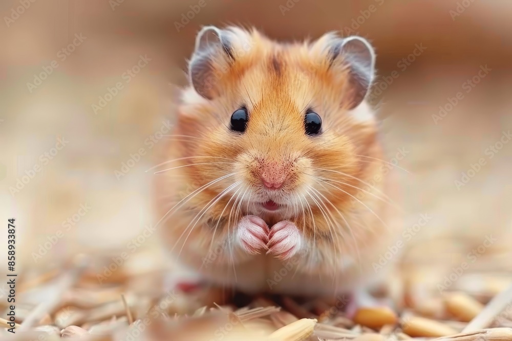 Detailed close up of hamster munching on seeds in its cage, displaying natural foraging behavior Detailed close up of hamster munching on seeds in its cage, displaying natural foraging behavior