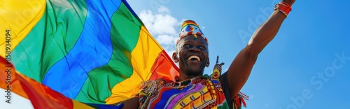 A man is holding a colorful flag and smiling. The flag is multi-colored and has a rainbow pattern photo