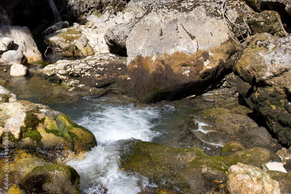 Shallow riverbed with exposed rocky bottom, lack of flow and water flow, in autumn in nature Shallow riverbed with exposed rocky bottom, lack of flow and water flow, in autumn in nature