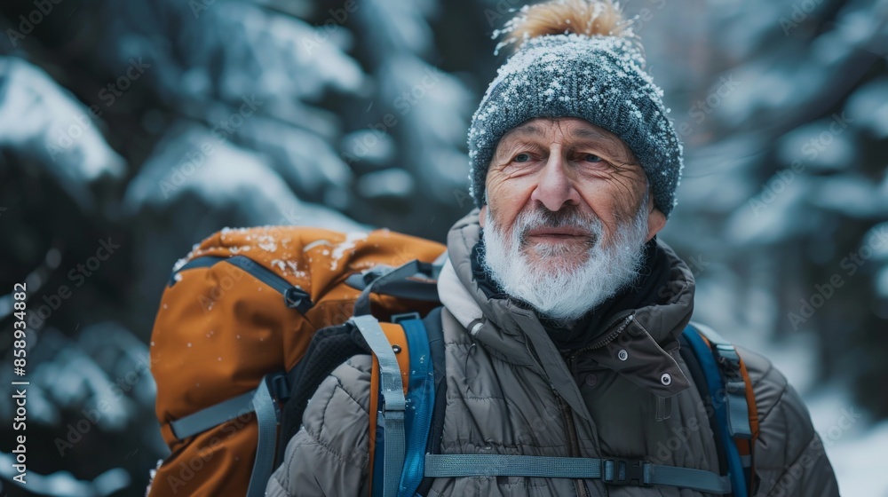 Fototapeta premium Happy Senior Hiking Winter Mountains