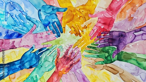 Colorful watercolor group of different people hands stacking. Diversity Equity Inclusion and Belonging or DEIB concept.