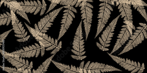 Fern on a black background. Vector seamless pattern. Modern botanical seamless vector pattern. Hand drawn floral illustration. Vintage wallpaper with branches and leaves. 
