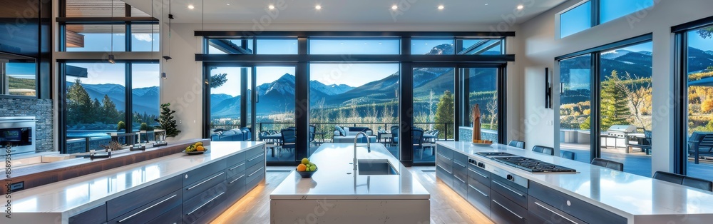 Fototapeta premium A large kitchen with a view of mountains. The kitchen is very clean and well-organized. There are two sinks, a refrigerator, and a microwave. The countertops are made of granite