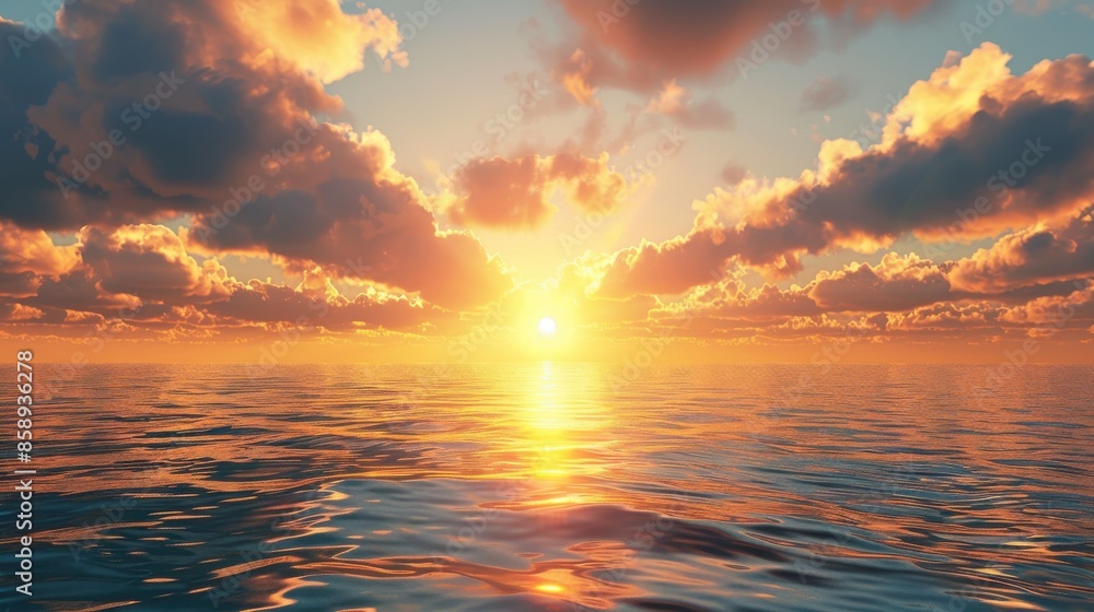 A breathtaking sunset over a calm ocean. The sky is ablaze with vibrant orange and yellow hues, reflecting on the rippling water below. Clouds cast long shadows across the surface, adding depth and di A breathtaking sunset over a calm ocean. The sky is ablaze with vibrant orange and yellow hues, reflecting on the rippling water below. Clouds cast long shadows across the surface, adding depth and di