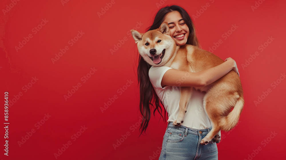 Happy pet owner, people and pets concept. Smiling woman woman with long dark hair carries her dog, spending time together, friendly relationship, having walk pose against red background, copy space 