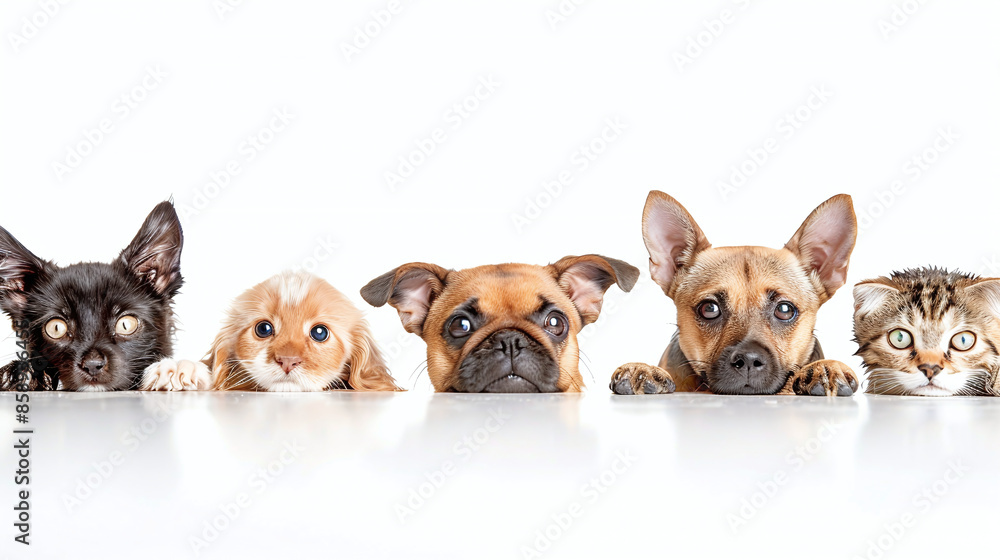 Portrait of five different cute funny pets, isolated on a white background Portrait of five different cute funny pets, isolated on a white background