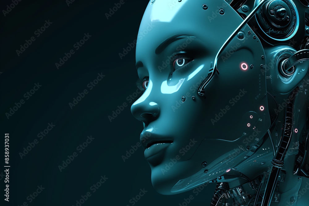 AI robot futuristic technology android or cyber humanoid. Artificial Intelligence cyborg robot Cyborg woman side view banner. High-tech Ai bot background with copy space for text AI robot futuristic technology android or cyber humanoid. Artificial Intelligence cyborg robot Cyborg woman side view banner. High-tech Ai bot background with copy space for text