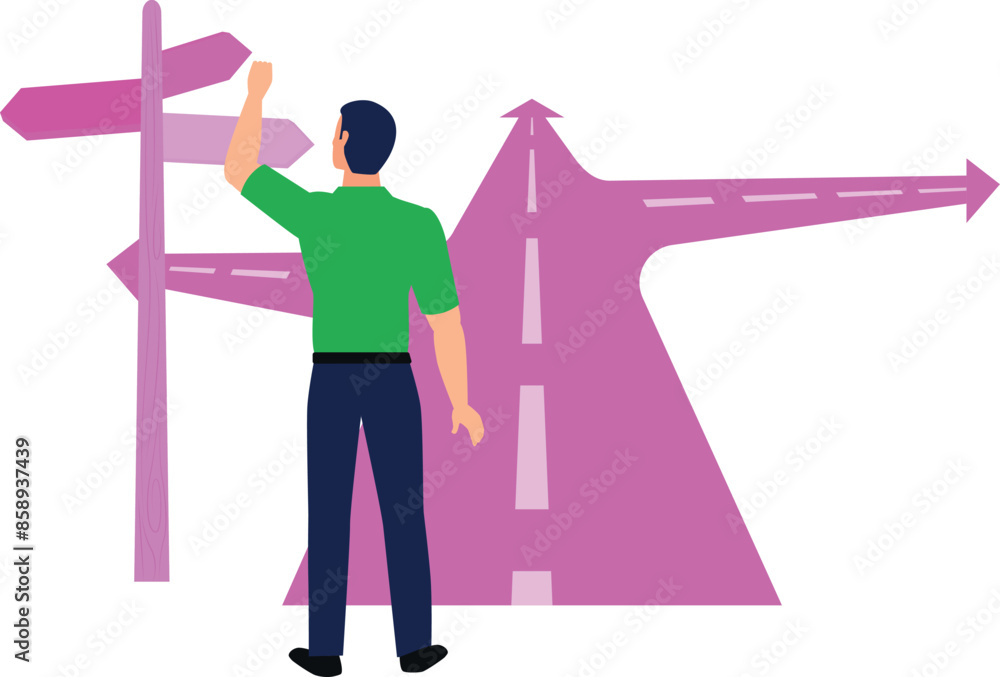 The boy is pointing at the direction board. The boy is pointing at the direction board.