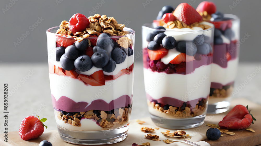Berry Parfait A glass filled with layers of yogurt, fresh berries, and granola, perhaps with a drizzle of honey. Berry Parfait A glass filled with layers of yogurt, fresh berries, and granola, perhaps with a drizzle of honey.