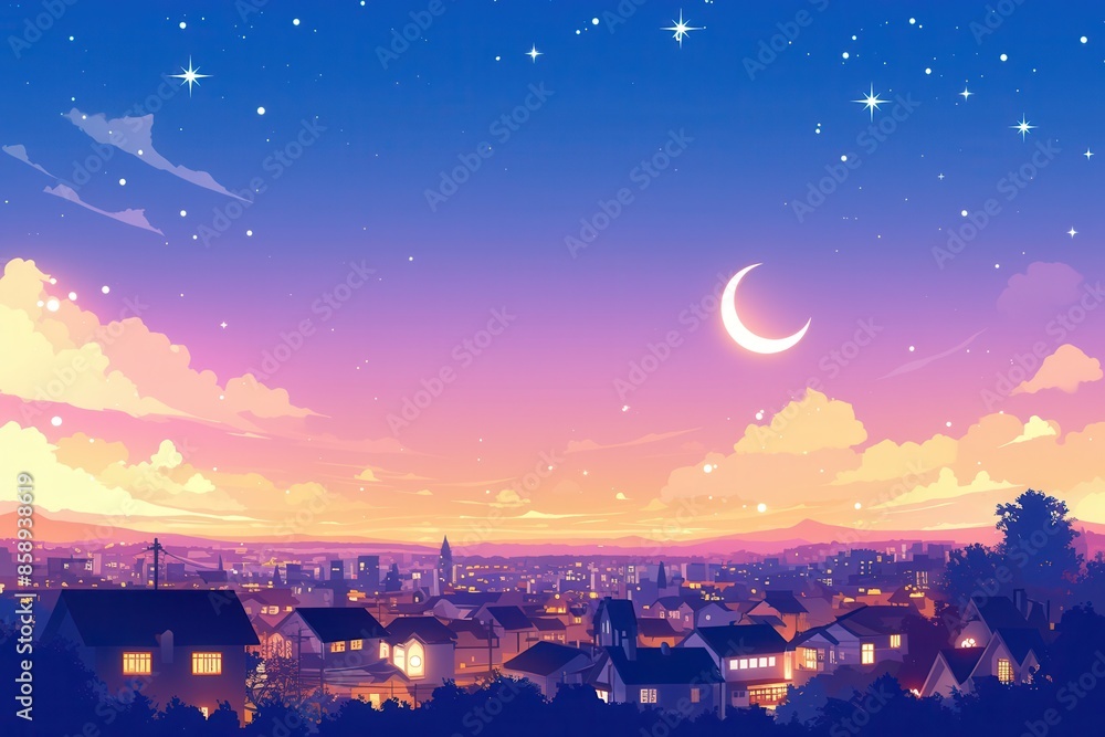 Naklejka premium Nighttime Cityscape with a Crescent Moon and Stars