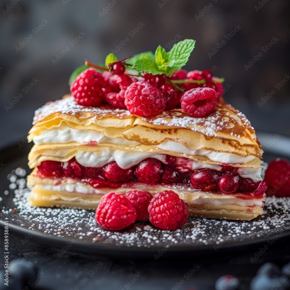 French Crepe With Raspberries and Whipped Cream French Crepe With Raspberries and Whipped Cream