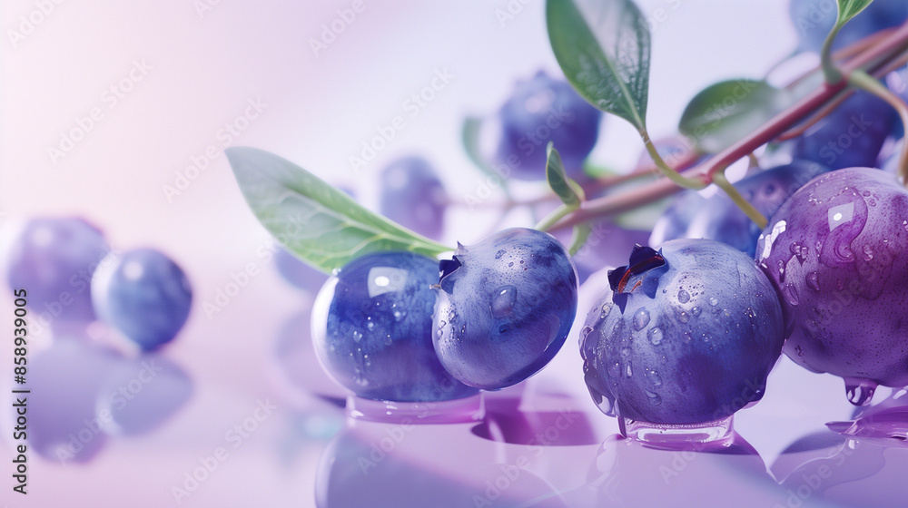 Blueberries with Leaves and Water Droplets on Reflective Surface Blueberries with Leaves and Water Droplets on Reflective Surface