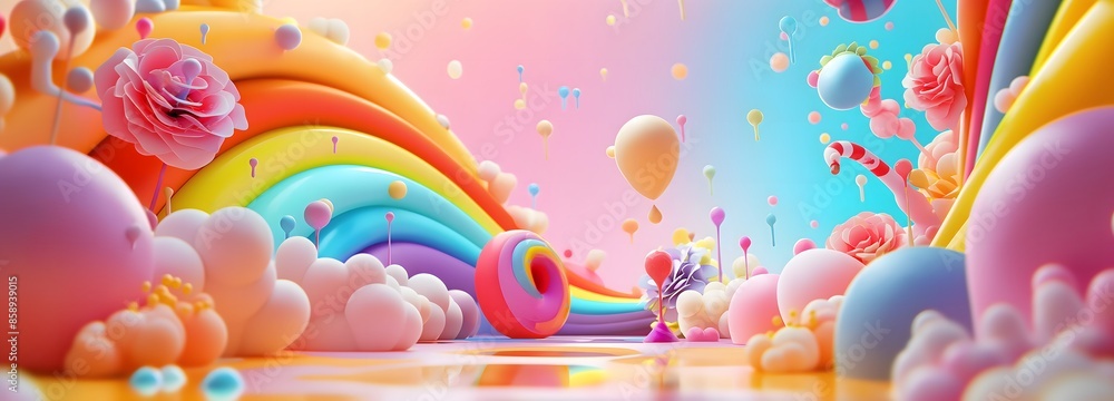 1. Create a whimsical 3D illustration depicting a magical journey through an enchanting rainbow splash on a cute and colorful abstract background. Infuse the scene with fantastical elements and 1. Create a whimsical 3D illustration depicting a magical journey through an enchanting rainbow splash on a cute and colorful abstract background. Infuse the scene with fantastical elements and