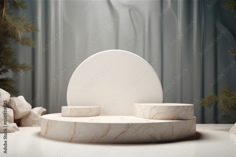 Luxury marble cylinder with plants on light blue wall and stone podium for product placement display. Trendy neutral aesthetic mockup template for beauty and cosmetics scene. Luxury marble cylinder with plants on light blue wall and stone podium for product placement display. Trendy neutral aesthetic mockup template for beauty and cosmetics scene.