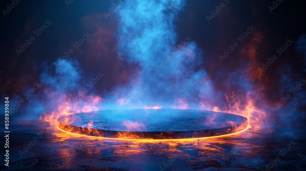 A circular glowing podium with blue light effect background A circular glowing podium with blue light effect background