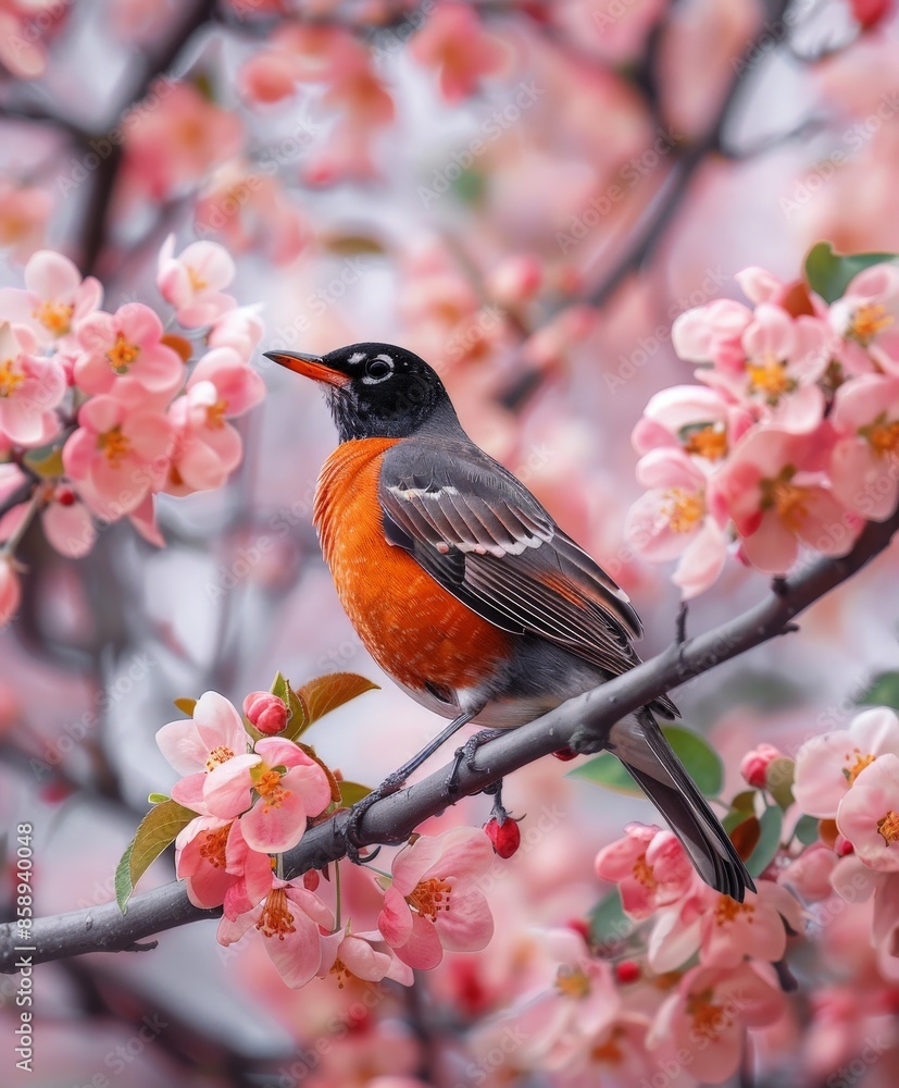 Robin Perched on Apple Blossom Branch Robin Perched on Apple Blossom Branch
