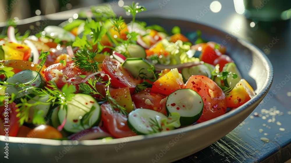 A bowl of fresh salad featuring sliced cucumbers tomatoes and herbs A bowl of fresh salad featuring sliced cucumbers tomatoes and herbs