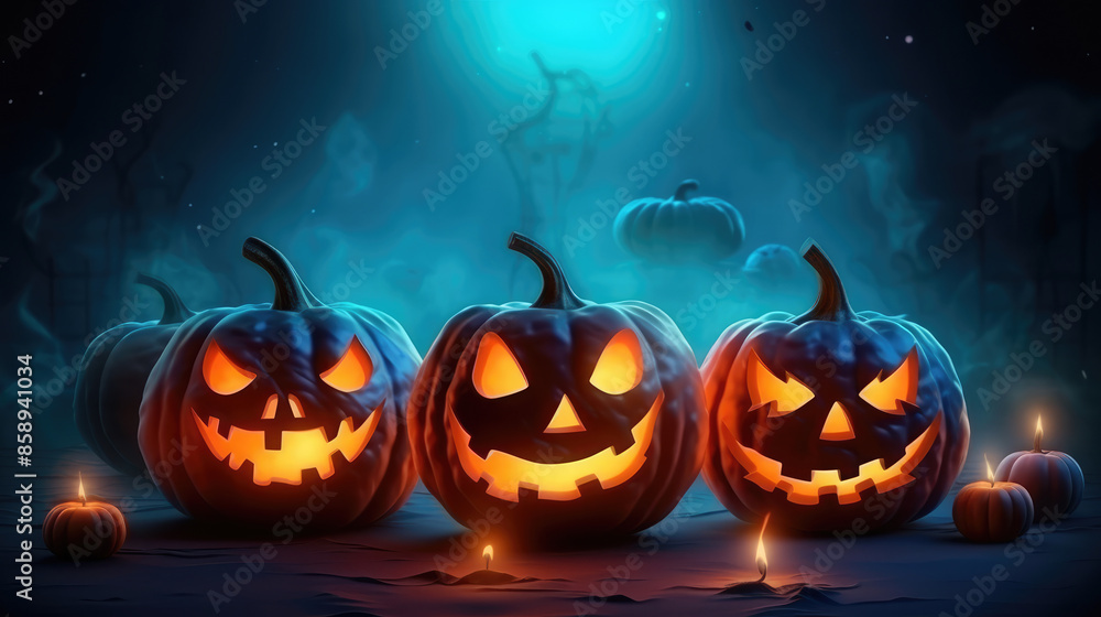 Happy Halloween holiday background banner greeting card - Carved glowing pumpkins and blurred blue dark night background with fog, Generative AI Happy Halloween holiday background banner greeting card - Carved glowing pumpkins and blurred blue dark night background with fog, Generative AI