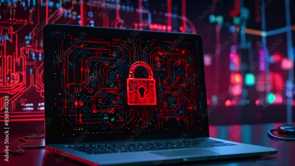 A laptop with a red padlock on the screen. A laptop with a red padlock on the screen.