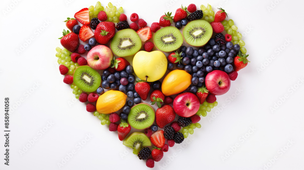 Food fruits photography background - Heart made of group of healthy fruits, isolated on white background, top view, Generative AI Food fruits photography background - Heart made of group of healthy fruits, isolated on white background, top view, Generative AI