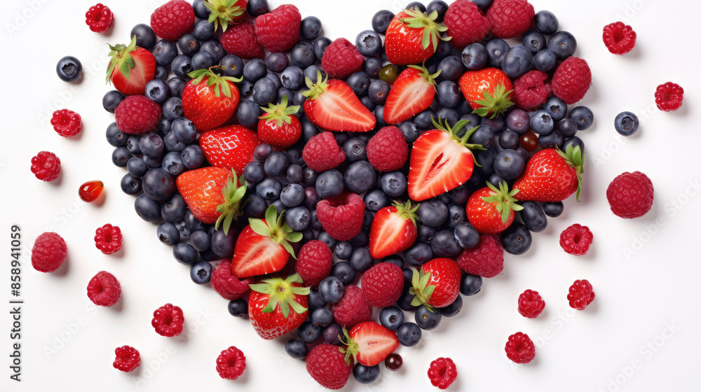 Food fruits berry photography background - Heart made of group of healthy berries fruits, isolated on white background, top view, Generative AI Food fruits berry photography background - Heart made of group of healthy berries fruits, isolated on white background, top view, Generative AI