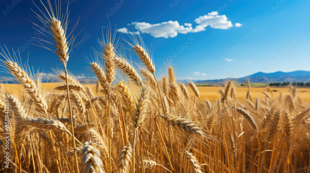 Agriculture harvest background landscape panorama - Closeup of ripe summer grain wheat field, wheat ears, blue sky and sunshine, Generative AI Agriculture harvest background landscape panorama - Closeup of ripe summer grain wheat field, wheat ears, blue sky and sunshine, Generative AI