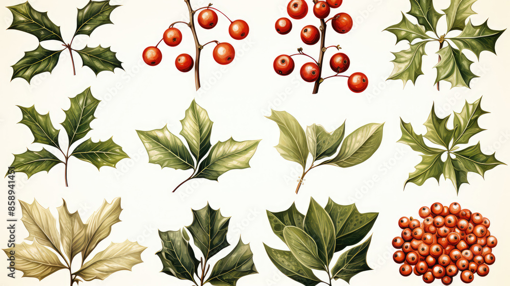 Christmas plants - Set collection of european holly leaves and berry fruit (ilex aquifolium), isolated on white background, Generative AI Christmas plants - Set collection of european holly leaves and berry fruit (ilex aquifolium), isolated on white background, Generative AI