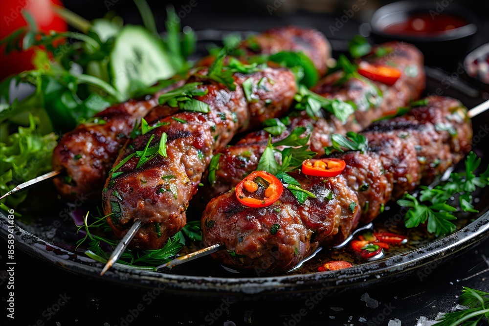 A plate of meat skewers with herbs and spices. A plate of meat skewers with herbs and spices.