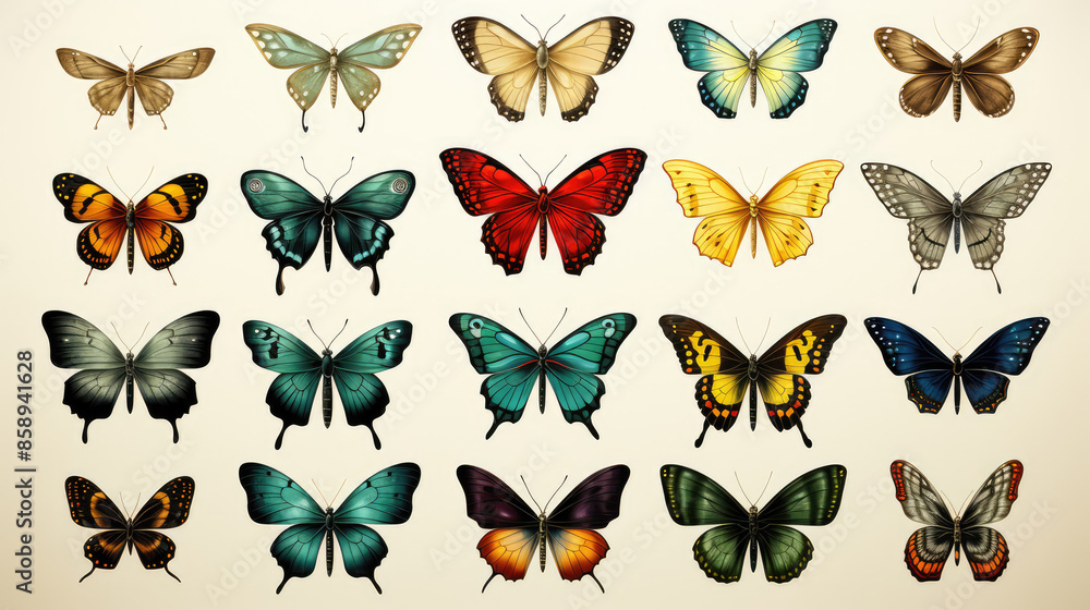 Animals insects butterfly background banner - Colorful popular, butterflies collection set, isolated on white background, Generative AI Animals insects butterfly background banner - Colorful popular, butterflies collection set, isolated on white background, Generative AI