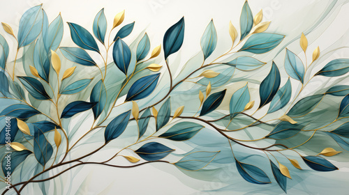 Abstract floral organic plant watercolor painting drawing leaf illustration wallpaper background - Green leaves with golden lines details, Generative AI © Fang