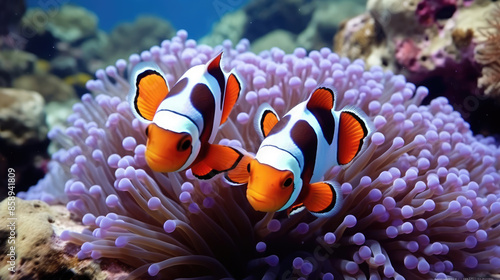 Sea animal salt water fishes background - Clownfish (amphiprion percula) on coral reef, cute anemone fish, Generative AI