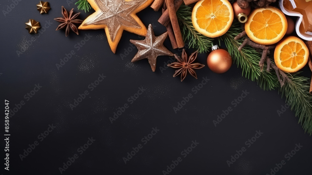 Merry Christmas, festive celebration holiday greeting card with text - Ornaments (orange slices, cinnamon sticks, star anise, branches, cones) on black table background, top view, Generative AI Merry Christmas, festive celebration holiday greeting card with text - Ornaments (orange slices, cinnamon sticks, star anise, branches, cones) on black table background, top view, Generative AI