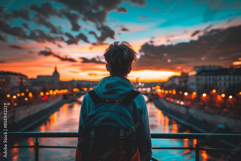 Fototapeta premium Man contemplating on bridge, deep in thought, gazing pensively at flowing river below