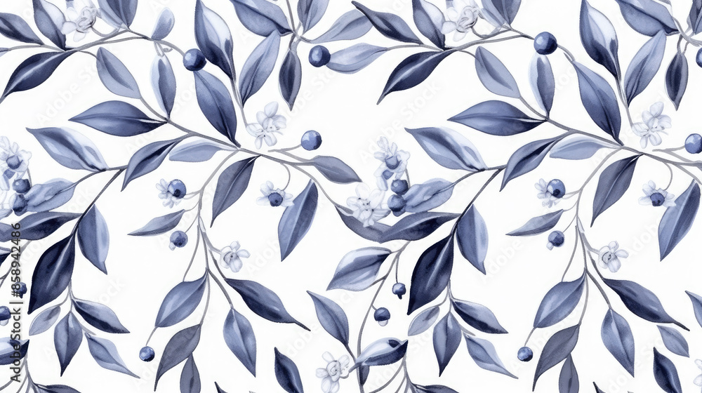 Obraz premium Watercolor illustration painting of blueberry branches with leaves, isolated on white background, seamless pattern, Generative AI