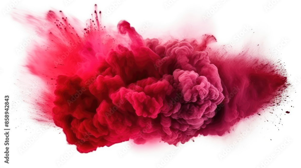 Abstract texture of exploding powder colorful red color, isolated on white background, Generative AI