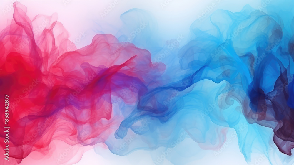 Obraz premium Abstract paint water. Color mist. Magic spell mystery. Blue red colors, contrast vapor floating splash cloud texture background banner illustration, Generative AI